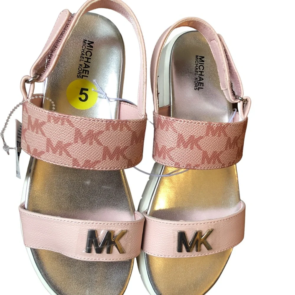 Michael Kors 5 Gwendolyn Sandals Monogram HTF Hard to Find Kids Pink White - Picture 2 of 4